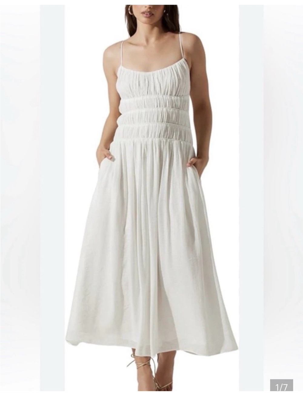ASTR The Label White Smocked Midi Dress Tie Strap Cotton Size Small NWT